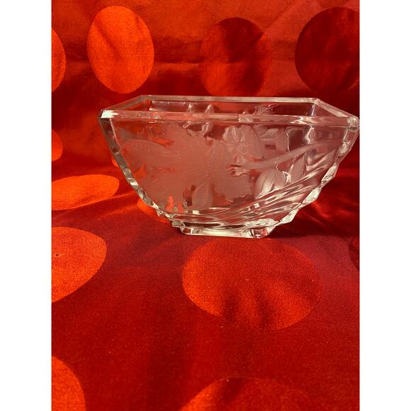1989 FTDA Crystal Decorative Vase Candy Dish Bowl W. Germany etch leaf iris EUC - Picture 1 of 12